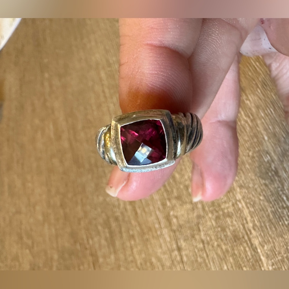 David Yurman Sterling Silver And 14K Gold Cable Ring With Cushion Shaped Garnet